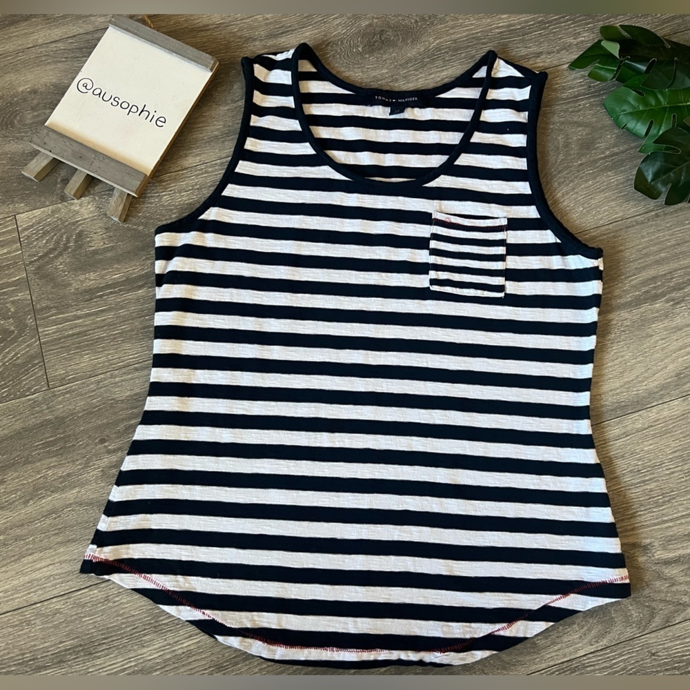 Tommy Hilfiger Navy Blue & White Striped Pocket Tank Top w Red Stitching. Size S